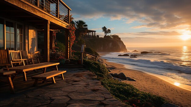 Foto tranquila casa de praia com vista panorâmica do oceano