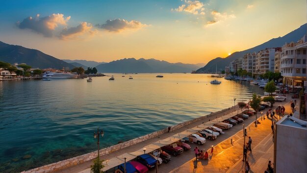 Foto tranquila ciudad costera al atardecer con barcos