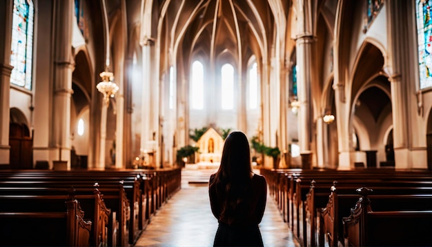 La tranquila contemplación de la niña en la soledad de la iglesia.