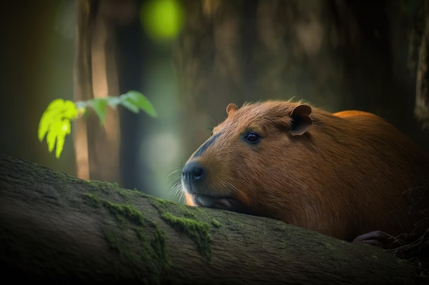 Tranquila escena de bosque con Carpincho descansando en el tronco de un árbol IA generativa