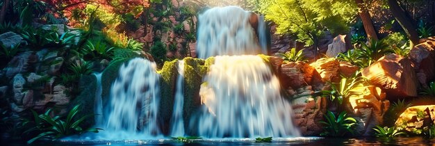 Foto tranquila escena de cascadas en el bosque, vegetación circundante, río que fluye en primavera.