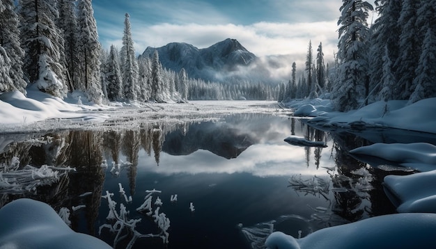 La tranquila escena de la cordillera congelada refleja la belleza de la naturaleza generada por la inteligencia artificial