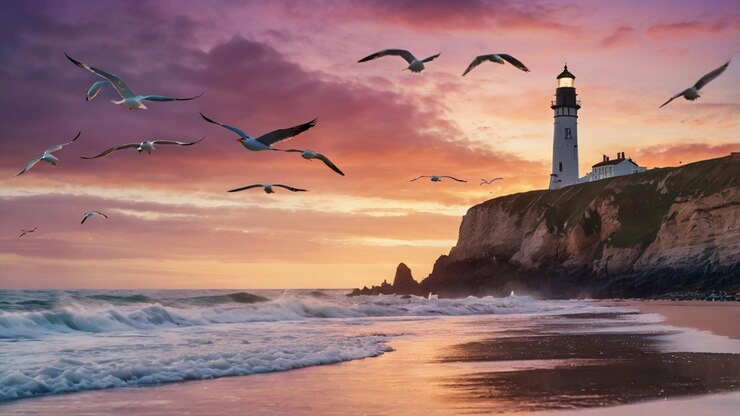 Una tranquila escena costera al atardecer con espectaculares acantilados que domina una playa de arena