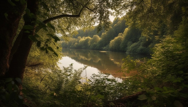 La tranquila escena del estanque del bosque refleja la belleza otoñal generada por IA