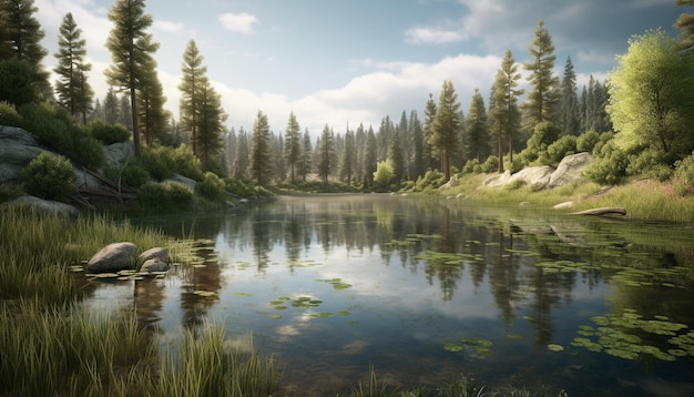 La tranquila escena del estanque de otoño refleja la cordillera generada por IA