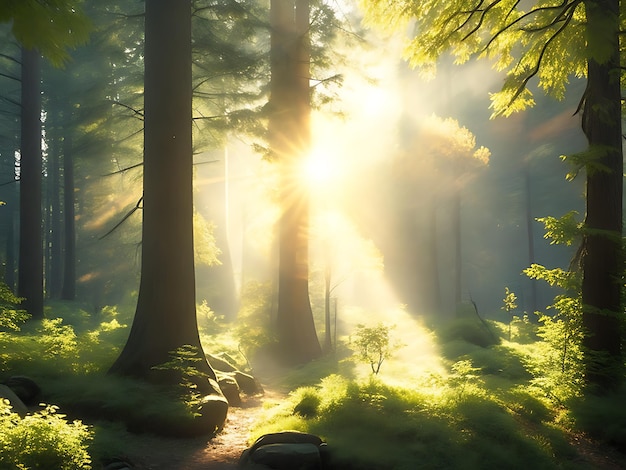 Una tranquila escena forestal con rayos de sol atravesando los árboles