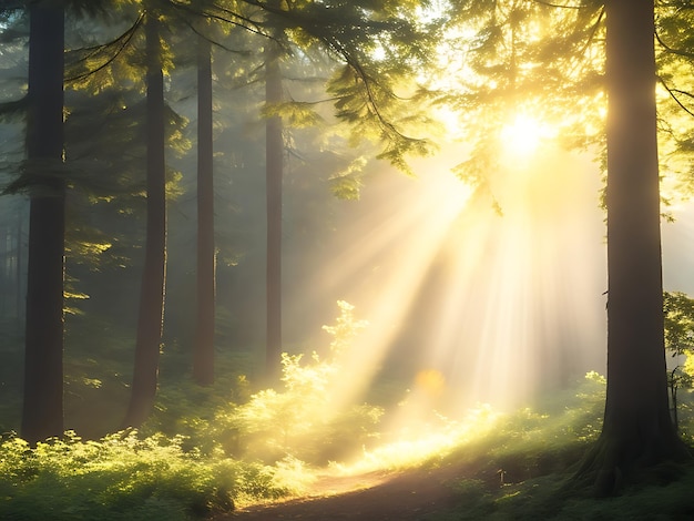Una tranquila escena forestal con rayos de sol atravesando los árboles