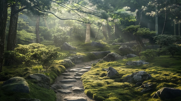 Tranquila escena del jardín Zen la luz del sol se filtra a través de las ramas proyectando sombras moteadas en rocas meticulosamente dispuestas y caminos cubiertos de musgo