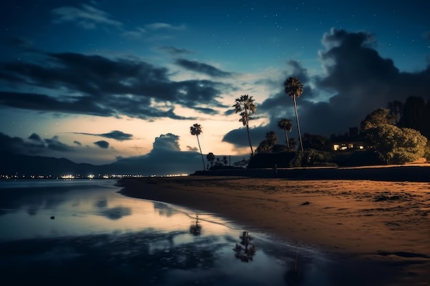 Tranquila escena nocturna en la playa iluminada por la IA generativa a la luz de la luna
