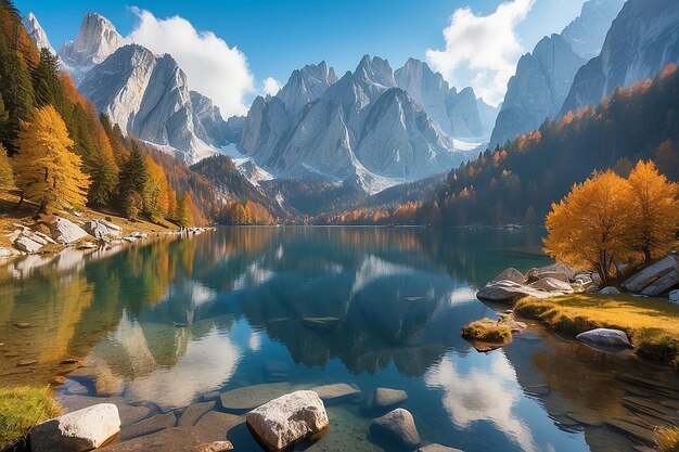 Tranquila escena otoñal del lago Vorderer Gosausee con fondo de Dachstein glacieron Pintoresca vista matutina de los Alpes austríacos Alta Austria Europa Fondo del concepto de viaje