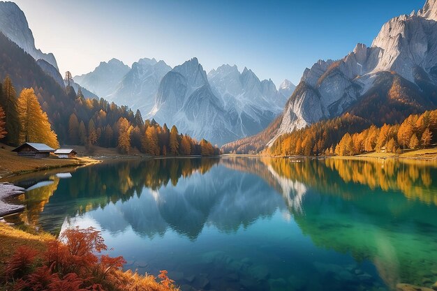 Tranquila escena otoñal del lago Vorderer Gosausee con fondo de Dachstein glacieron Pintoresca vista matutina de los Alpes austríacos Alta Austria Europa Fondo del concepto de viaje