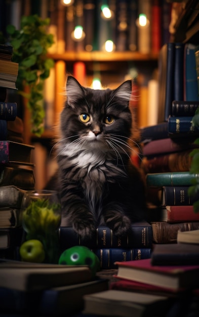 La tranquila gatita en el estante de libros