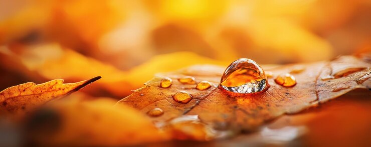 Tranquila gota de agua en una hoja de otoño vibrante con fondo estacional Espacio de copia para texto Fotografía macro de la naturaleza
