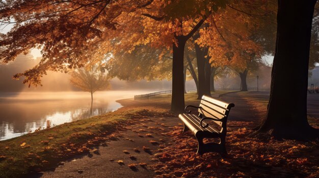 Foto una tranquila mañana de otoño en el parque forestal, un banco iluminado por el sol en medio de la belleza de la naturaleza.