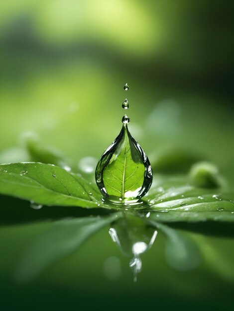 Una tranquila mañana de primavera con una sola gota de agua suspendida en el aire reflejando el rayo del sol.