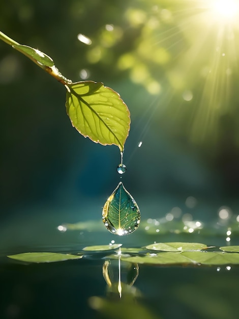 Una tranquila mañana de primavera con una sola gota de agua suspendida en el aire reflejando el rayo del sol.