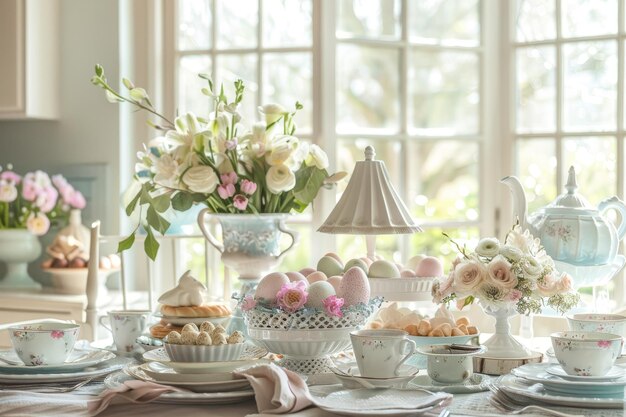 Una tranquila mesa de desayuno de la mañana de Pascua con colores pastel y flores de primavera