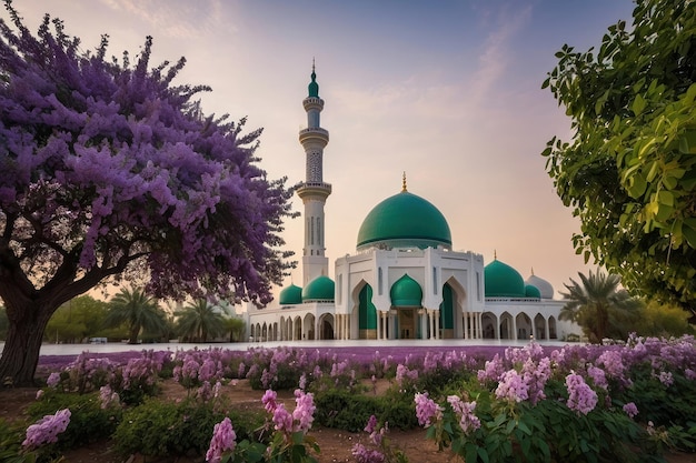 Foto la tranquila mezquita con los árboles en flor