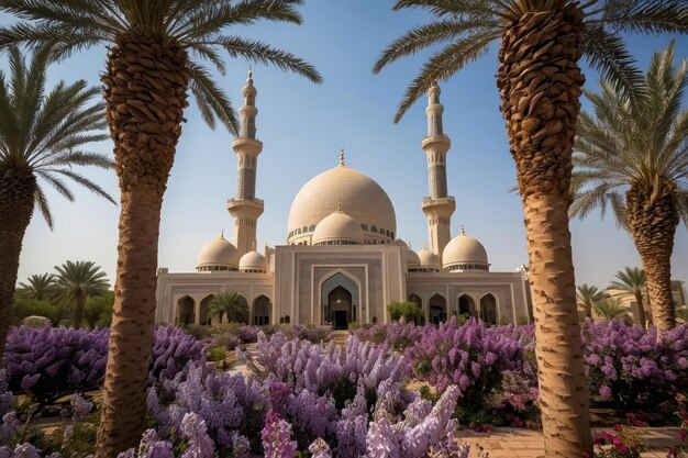 Foto la tranquila mezquita con los árboles en flor