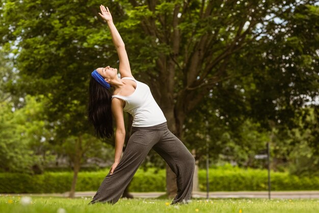 Tranquila morena haciendo yoga en el parque