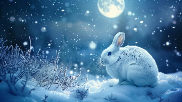 Tranquila noche de invierno Conejo blanco bajo luna llena en un paisaje nevado