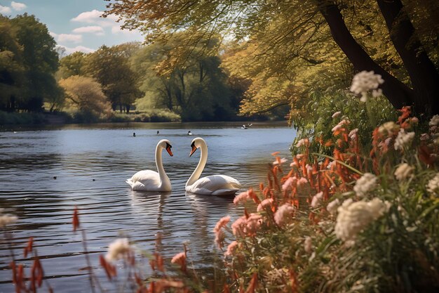 Una tranquila orilla del río con cisnes y sauces foto realista