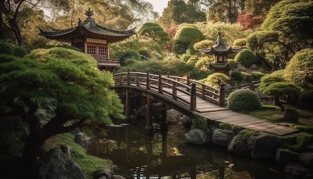 Tranquila pagoda en un antiguo paisaje forestal chino generado por IA