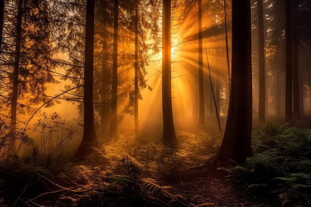 La tranquila puesta de sol arroja tonos dorados en un bosque de niebla mostrando la belleza serena del anochecer