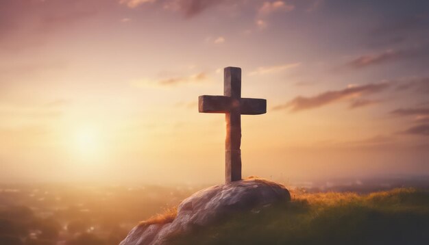 La tranquila puesta de sol detrás de la cruz cristiana en la cima de la colina