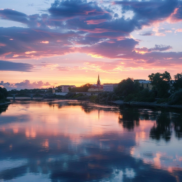 Tranquila puesta de sol junto al río Narva