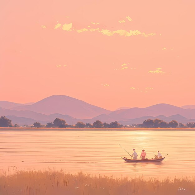 Foto la tranquila puesta de sol en el lago con los pescadores, la naturaleza y la gente