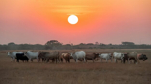 Una tranquila puesta de sol con una manada de ganado zebu.