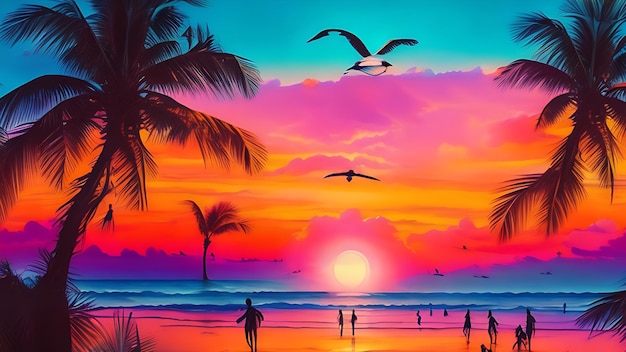 La tranquila puesta de sol en la playa con una pintura realista del cielo