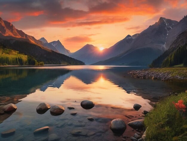 Tranquila puesta de sol en el río Missouri árboles y plantas en el bosque de primer plano en el fondo puesta de sol