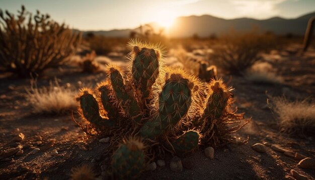 Tranquila puesta de sol sobre el árido paisaje africano, abundan el polvo y las espinas generadas por la IA