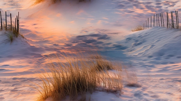 Una tranquila puesta de sol con vistas a las dunas de arena nevadas