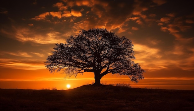 Tranquila silueta de atardecer árbol retroiluminado en un paisaje multicolor generado por inteligencia artificial