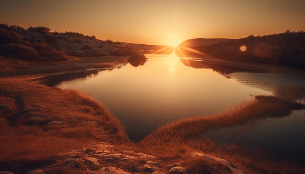 Una tranquila silueta de puesta de sol sobre un estanque de pradera rural generada por IA