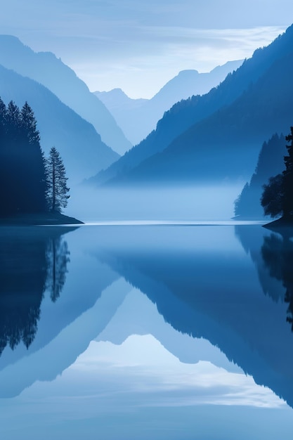 Tranquila vista panorámica del lago de montaña en la niebla mística al amanecer