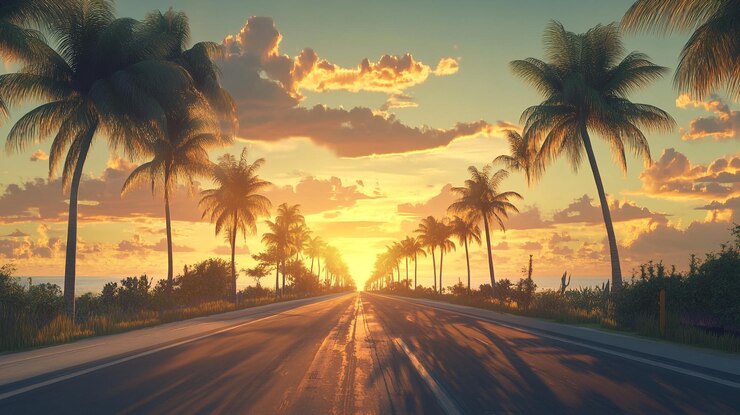 Una tranquila vista de la puesta de sol a lo largo de una carretera bordeada de palmeras junto a la costa en un paraíso tropical