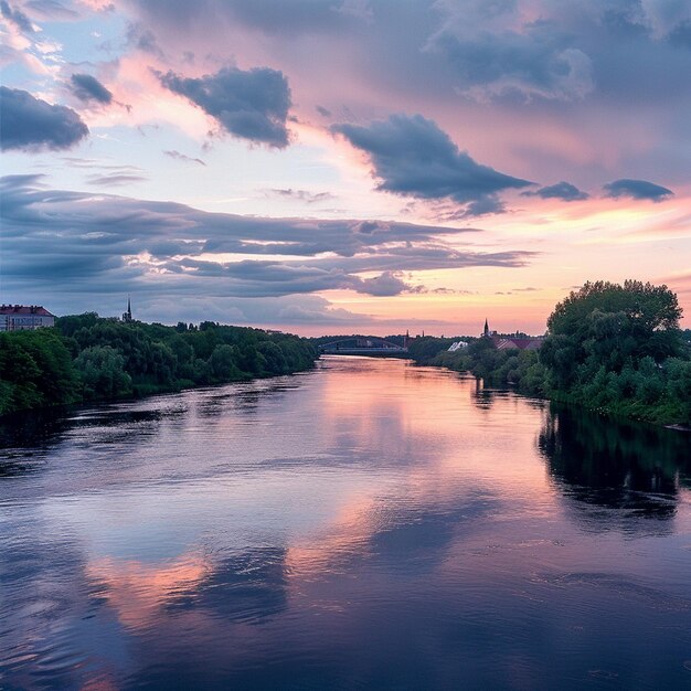 Tranquila vista de la puesta de sol del río Narva con nubes en el cielo