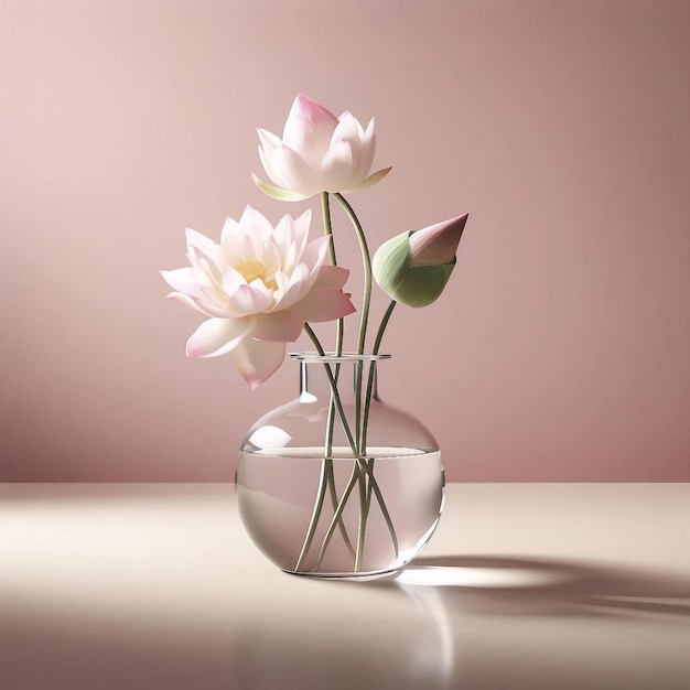 Las tranquilas flores de loto en un vaso de vidrio con telón de fondo rosa