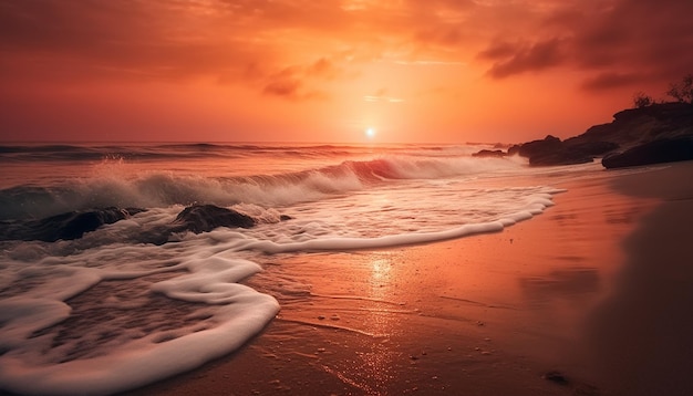 Las tranquilas olas del amanecer reflejan la belleza de la luz solar anaranjada generada por IA