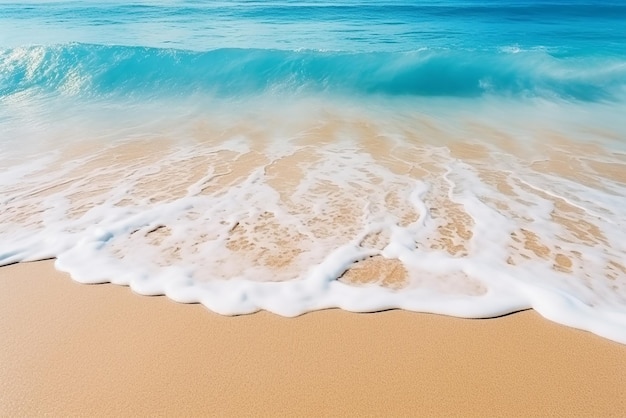 Tranquilas ondas azuis do oceano acariciando a praia de areia a felicidade costeira criada com ferramentas de IA generativas