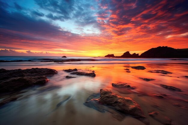 La tranquilidad y la belleza de un sereno atardecer en la playa IA generativa