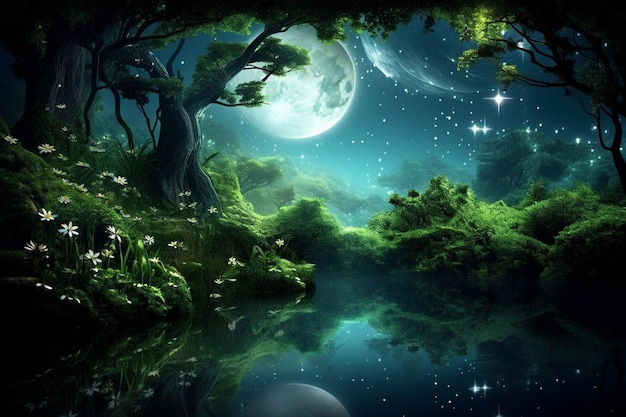 La tranquilidad esmeralda de la luz de la luna en el bosque