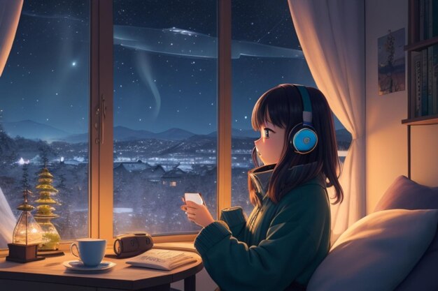 La tranquilidad estrellada de la vista desde la ventana de la habitación El ensueño nocturno de una joven