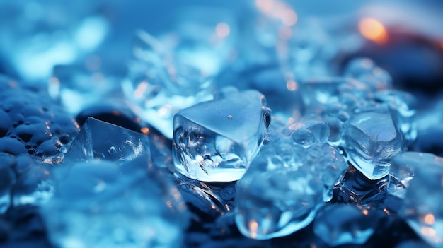 Tranquilidad fría Cubos de hielo brillantes bañados en tonos azules y el cálido resplandor del atardecer