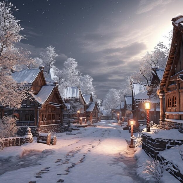 Foto la tranquilidad del invierno abraza un pueblo cubierto de nieve por la noche