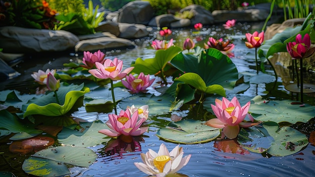 Foto la tranquilidad del loto una vía fluvial serena adornada con coloridas flores de loto que ofrece un escape tranquilo del ajetreo y el bullicio de la vida cotidiana